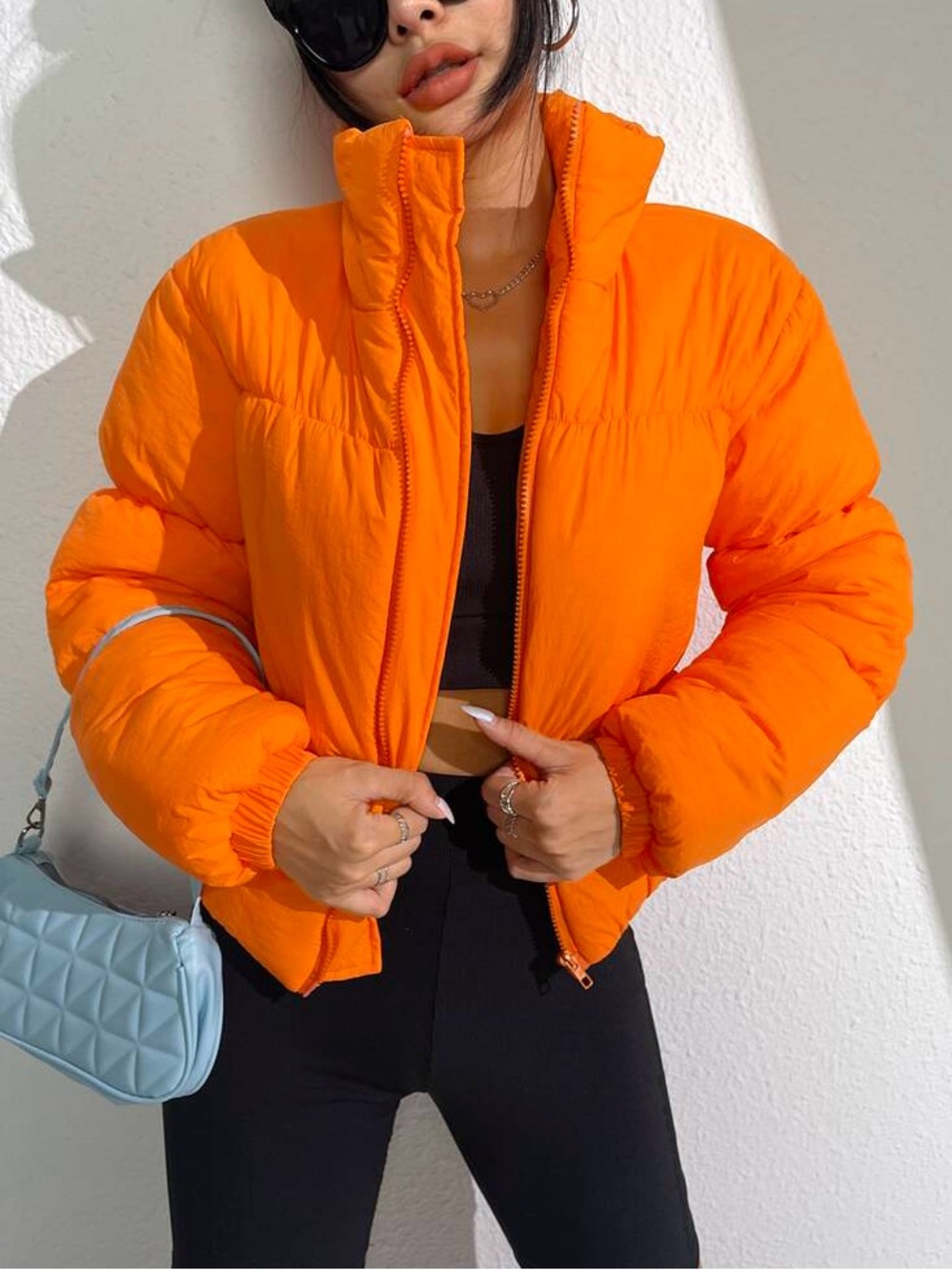 SHEIN Muchica Neon-Orange Zip up Puffer Coat Jacket High Neck Size Large